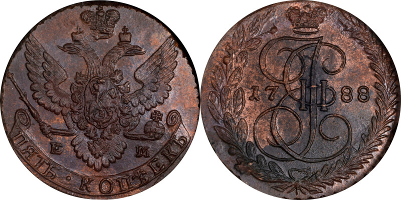 RUSSIA. 5 Kopeks, 1788-EM. Ekaterinburg Mint. Catherine II (the Great). NGC MS-6...