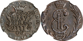 RUSSIA. Siberia. Polushka (1/4 Kopek), 1777-KM. Catherine II (the Great). NGC MS-62 Brown.
KM-C-1; Bit-1228.
From the Sigma Collection.

Estimate:...