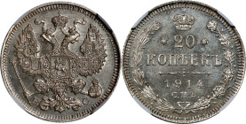 RUSSIA. 20 Kopeks, 1914-CNB BC. St. Petersburg Mint. Nicholas II. NGC MS-67.
KM-Y-22A.1.

Estimate: $100.00- $150.00