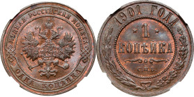 RUSSIA. Kopek, 1901-CNB. St. Petersburg Mint. Nicholas II. NGC MS-66 Brown.
KM-Y-9.2.

Estimate: $300.00- $500.00