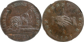 SIERRA LEONE. Sierra Leone Company. Penny, 1791. Birmingham (Soho) Mint. NGC EF-45.
KM-2.1. Bronzed 32mm with plain edge.
From the Augustana Collect...