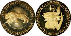 SOUTH AFRICA. Bophuthatswana. Gold Medal, 1977. PCGS SPECIMEN-64.
Weight: 35.67 gms. Struck to commemorate The Birth of a Nation. Includes the certif...