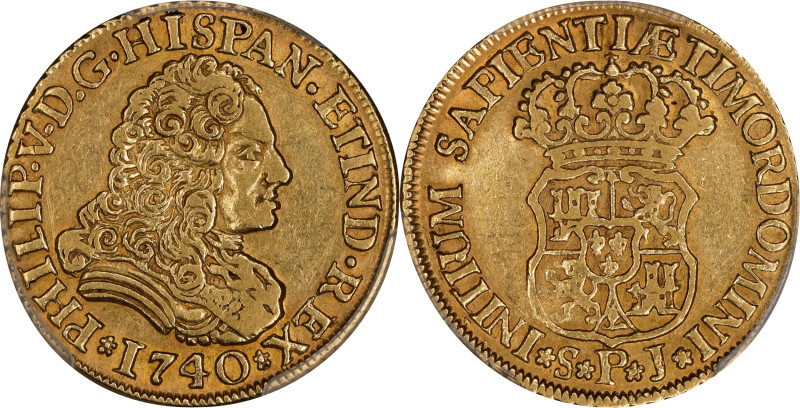 SPAIN. 2 Escudos, 1740-S PJ. Seville Mint. Philip V. PCGS EF-45.
KM-353; Cal-19...