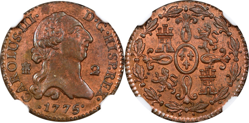 SPAIN. 2 Maravedis, 1775. Segovia Mint. Charles III. NGC MS-63 Red Brown.
KM-40...