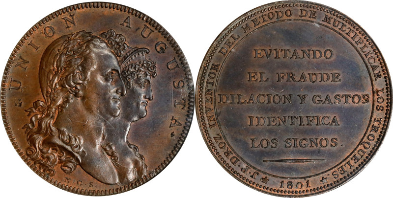 SPAIN. Charles IV & Maria Luisa/"Union Augusta" Bronze Medal, 1801. PCGS MS-63 B...