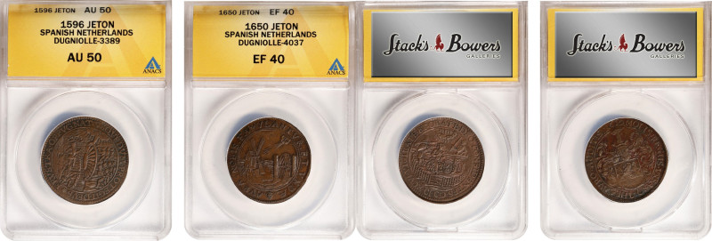 SPANISH NETHERLANDS. Duo of Jetons (2 Pieces), 1596-1650. Both ANACS Certified....