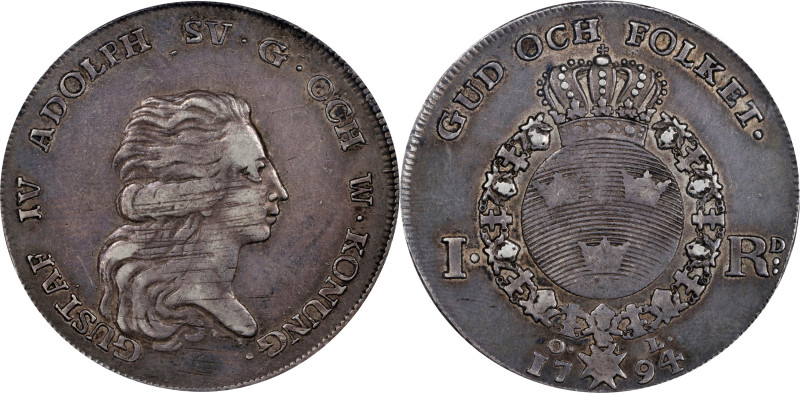 SWEDEN. Riksdaler, 1794-OL. Gustav IV Adolf. PCGS EF-45.
KM-540.3; SM-23.
From...