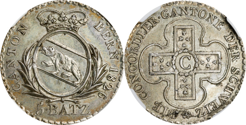 SWITZERLAND. Bern. 5 Batzen, 1826. Bern Mint. NGC MS-64.
KM-196.1.

Estimate:...