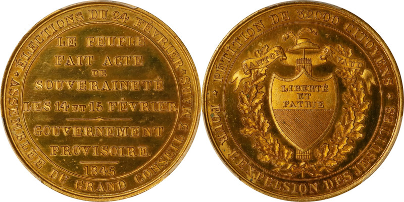 SWITZERLAND. Vaud. Expulsion of the Jesuits Gilt Copper Medal, 1845. PCGS SPECIM...