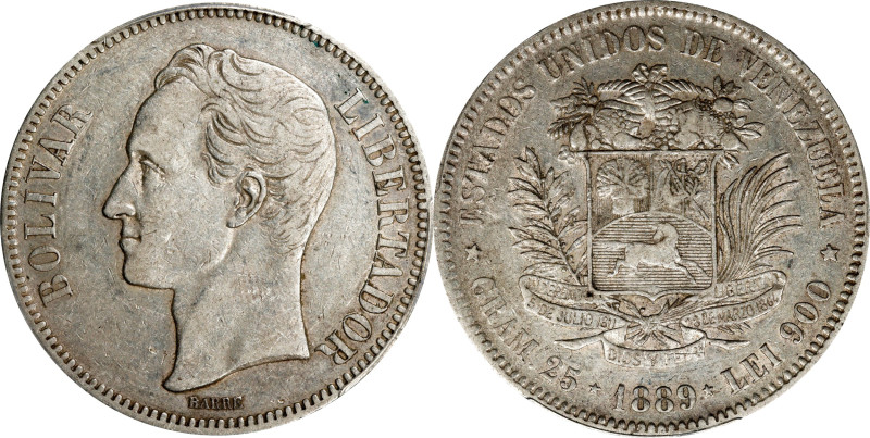 VENEZUELA. 5 Bolivares, 1889. Caracas Mint. PCGS EF-45.
KM-Y-24.1; Stohr-49.
...