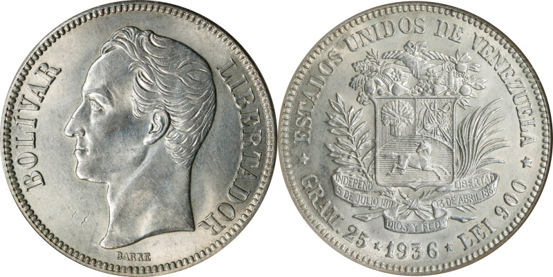 VENEZUELA. 5 Bolivares, 1936. Philadelphia Mint. NGC MS-63.
KM-Y-24.2; Stohr-64...