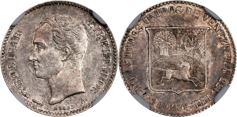 VENEZUELA. 1/4 Bolivar (25 Centimos), 1894-A. Paris Mint. NGC MS-62.
KM-Y-20; S...