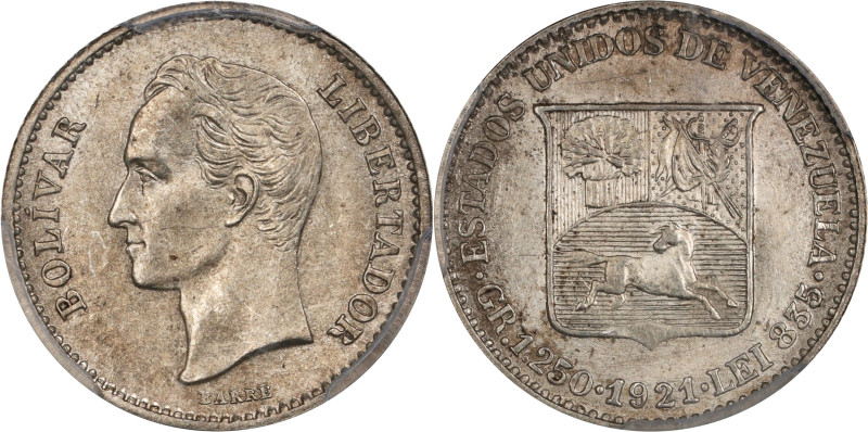 VENEZUELA. 1/4 Bolivar (25 Centimos), 1921. Paris Mint. PCGS MS-64.
KM-Y-20. Lo...