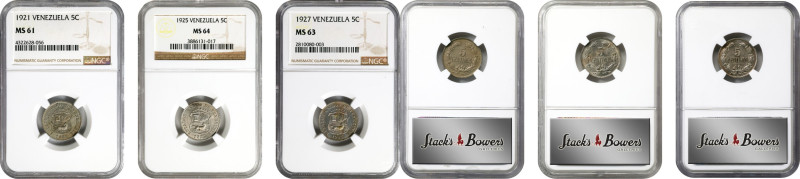 VENEZUELA. Trio of 5 Centimos (3 Pieces), 1921-27. Philadelphia Mint. All NGC Ce...