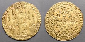 Le Royaume de France > Jean II (1350-1364)
Royal d'or . 2ème Emission (15/04/1359).
A/ IOH'ES DEI GRA FRANCORV REX. Le roi couronné debout sous un dai...