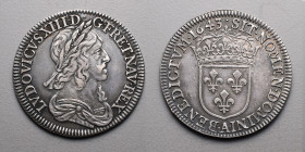 Le Royaume de France > Louis XIII (1610-1643)
15 sols, 3e type (2e poinçon). . A=Paris. 1643.
A/ LVDOVICVS. XIII. D. G. FR. ET. NAV. REX. Buste à droi...
