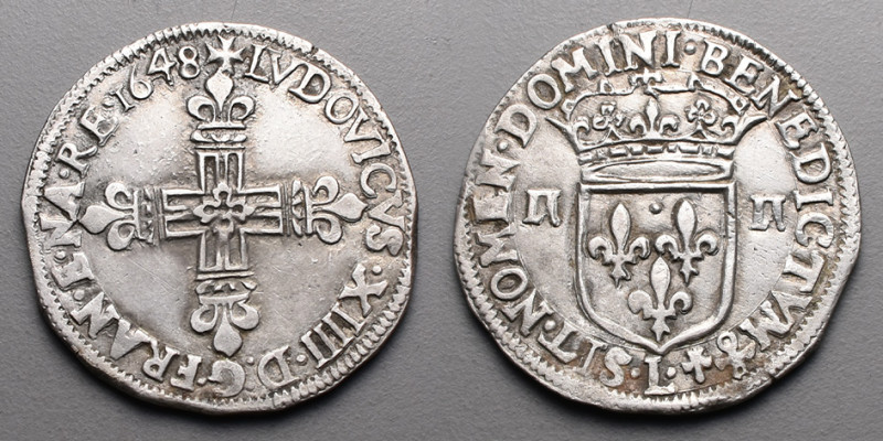 Le Royaume de France > Louis XIV (1643-1715)
Quart d'écu, 1er Type. L=Bayonne. 1...