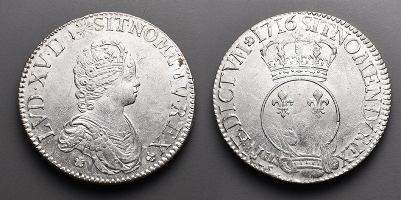 Le Royaume de France > Louis XV (1715-1774)
Ecu vertugadin. (?) rose=Paris. 1716...