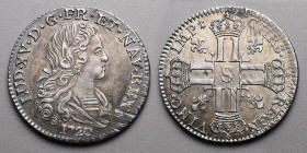 Le Royaume de France > Louis XV (1715-1774)
Petit louis d'argent. S=Reims. 1720.
A/ LUD. XV. D. G. FR. ET. NAV. REX. (différent) Buste du Roi à droite...