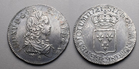 Le Royaume de France > Louis XV (1715-1774)
Demi-écu de France . C = Caen . 1721 .
A/ A/ LUD.D.G.FR.ET.NAV.REX (Différent) Buste drapé et couronné du ...