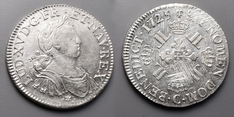 Le Royaume de France > Louis XV (1715-1774)
Ecu aux 8 L. C=Caen. 1725.
A/ A/ LVD...