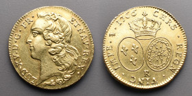 Le Royaume de France > Louis XV (1715-1774)
Double louis au bandeau. R=Orléans . 1766.
A/ LUD. XV. D. G. FR. - ET. NAV. REX Tête à gauche du Roi, cein...