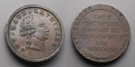 Le Consulat (1799-1804)
Essai à l'effigie de Lavoisier. An 8.
A/ ANT.LAUR.LAVOISIER. Sa tête à droite;
R/REPUBLIQUE FRANÇAISE. Dans un cercle et sur 6...