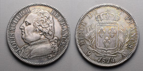 19e et 20e siècles, le systéme décimal > Louis XVIII (1814-1824) >Première restauration.
5 Francs « Buste habillé » . A=Paris. 1814. 
A/ LOUIS XVIII R...