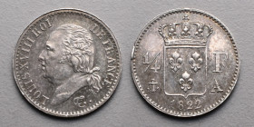 19e et 20e siècles, le systéme décimal > Louis XVIII Second gouvernement royal (1815-1824). 1/4 de Franc . A=Paris. 1822 .
A/ LOUIS XVIII ROI DE FRANC...