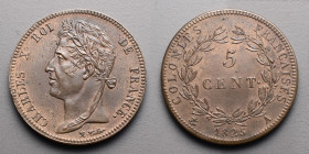 19e et 20e siècles, le systéme décimal > Charles X (1824-1830) Colonies Françaises; 5 Cent.. A=Paris. 1825 .
A/ CHARLES ROI DE FRANCE. Sa tête laurée ...