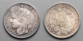 19e et 20e siècles, le systéme décimal > 2e République (1848-1852)
50 Cent.. A = Paris. 1850 .
A/ REPUBLIQUE FRANÇAISE. Cérès à gauche, une étoile au-...