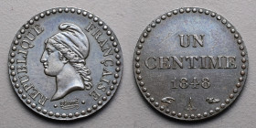 19e et 20e siècles, le systéme décimal > 2e République (1848-1852)
1 Centime . A=Paris. 1848.
A/ REPUBLIQUE FRANCAISE. Tête à gauche coiffée du bonnet...