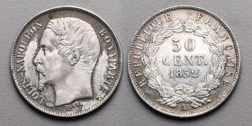 19e et 20e siècles, le systéme décimal > 2e République (1848-1852)
50 Cent . A=Paris. 1852 .
A/ LOUIS-NAPOLEON BONAPARTE. Sa tête nue à gauche R/ REPU...