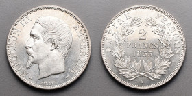 19e et 20e siècles, le systéme décimal > Second Empire Napoléon III (1853-1870)
2 Francs Tête Nue. A ( Paris ). 1853 .
A/ NAPOLEON III EMPEREUR. Tête ...