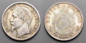 19e et 20e siècles, le systéme décimal > Second Empire Napoléon III (1853-1870)
1 Franc Tête laurée. BB=Strasbourg. 1866.
A/ A/ NAPOLEON III EMPEREUR ...