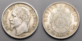 19e et 20e siècles, le systéme décimal > Second Empire Napoléon III (1853-1870)
1 Franc Tête laurée. BB=Strasbourg. 1866.
A/ A/ NAPOLEON III EMPEREUR ...