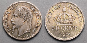 19e et 20e siècles, le systéme décimal > Second Empire Napoléon III (1853-1870)
50 Cent. Tête laurée . BB=Strasbourg. 1866 .
A/ NAPOLEON III EMPEREUR....