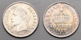 19e et 20e siècles, le systéme décimal > Second Empire Napoléon III (1853-1870)
20 Cent. Grand Module. A=Paris. 1867.
A/ NAPOLEON III EMPEREUR. Sa têt...