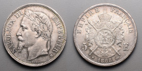 19e et 20e siècles, le systéme décimal > Second Empire Napoléon III (1853-1870)
5 Francs. BB=Strasbourg. 1868 .
A/ NAPOLEON III EMPEREUR . S tête laur...