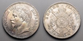 19e et 20e siècles, le systéme décimal > Second Empire Napoléon III (1853-1870)
5 Francs. A=Paris. 1868 .
A/ A/ NAPOLEON III EMPEREUR (Atelier). Sa ...