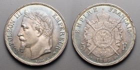 19e et 20e siècles, le systéme décimal > Second Empire Napoléon III (1853-1870)
5 Francs. BB=Strabourg. 1868 .
A/ NAPOLEON III EMPEREUR (Atelier). S...