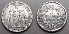 19e et 20e siècles, le systéme décimal > 3e République (1871-1940)
5 Francs "Hercule". A=Paris. 1870.
A/ LIBERTE EGALITE FRATERNITE. Hercule debout de...