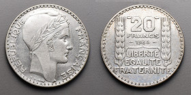 19e et 20e siècles, le systéme décimal > 3e République (1871-1940)
20 Francs "Turin". 1936 .
A/ REPUBLIQUE FRANCAISE, éffigie à droite au bonnet orné ...
