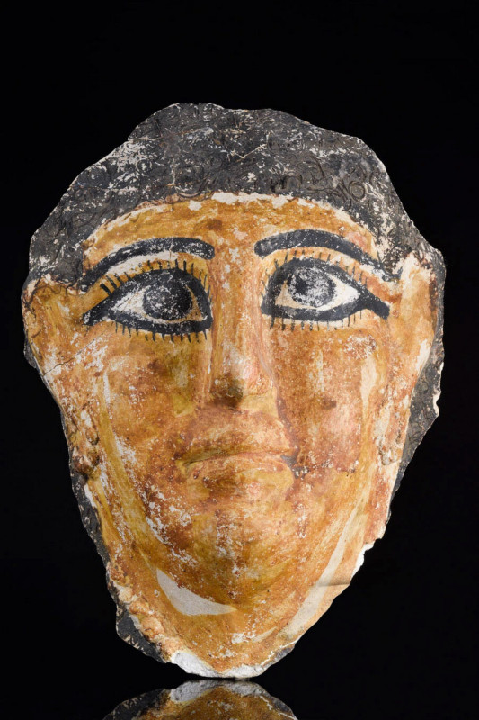 EGYPTIAN CARTONNAGE MUMMY MASK
Roman Period, Ca. 100 AD. 
Lovely face mask of ...
