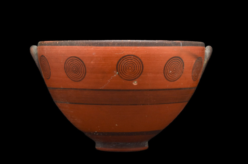 CYPRIOT BLACK ON RED WARE POTTERY BOWL
Cypro-Archiac, Ca. 750-600 BC. 
A beaut...