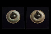 ROMAN BRONZE CHARIOT FITTINGS PAIR WITH MALE BUSTS