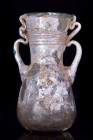 ROMAN GLASS FLASK WITH TRAILED HANDLES