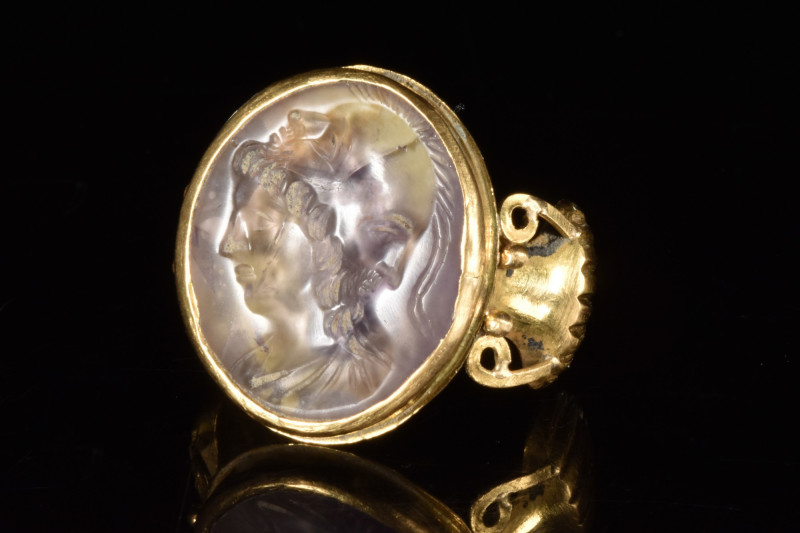 ROMAN ROCK CRYSTAL GRYLLOS INTAGLIO IN GOLD RING
Ca. 100-300 AD. 
A rock cryst...