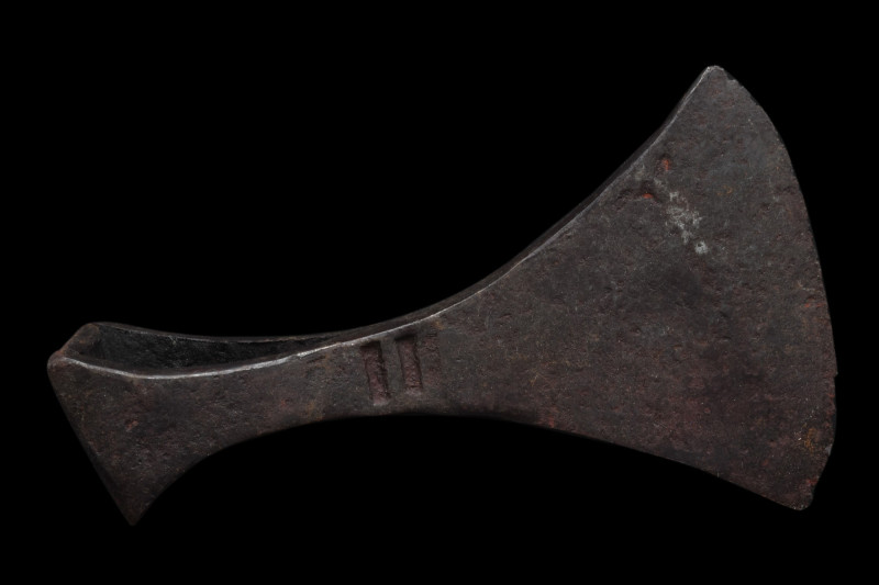 VIKING IRON BATTLE AXE
Ca. 900-1100 AD. 
An iron axe head with a curved blade,...