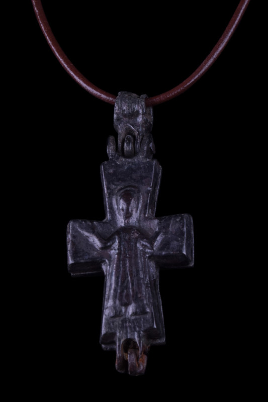 BYZANTINE BRONZE RELIQUARY CROSS PENDANT WITH JESUS CHRIST
Ca. 800-1000 AD. 
A...